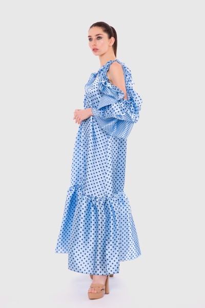Gizia Long Blue Dress With Off Shoulders And Flounces Detail. 1