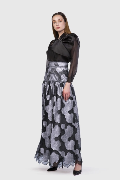 Gizia Long Pleated Black Skirt With Metallic Lace Bodice. 1
