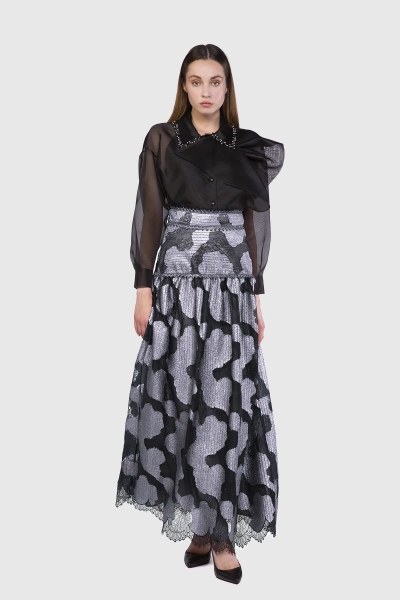 Gizia Long Pleated Black Skirt With Metallic Lace Bodice. 2