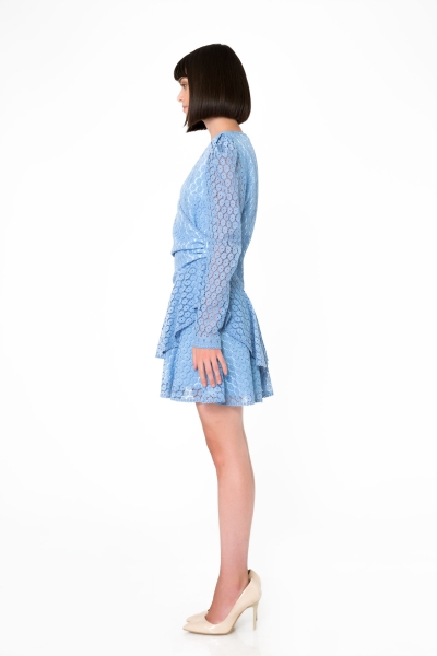 Gizia Long Pleated Sleeves Ruffle Mini Lace Blue Dress. 3