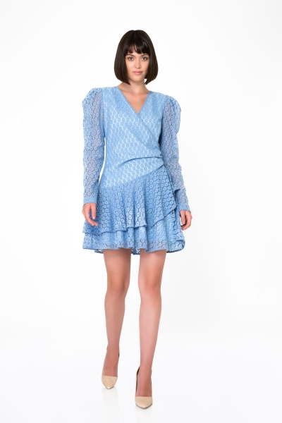 Gizia Long Pleated Sleeves Ruffle Mini Lace Blue Dress. 1