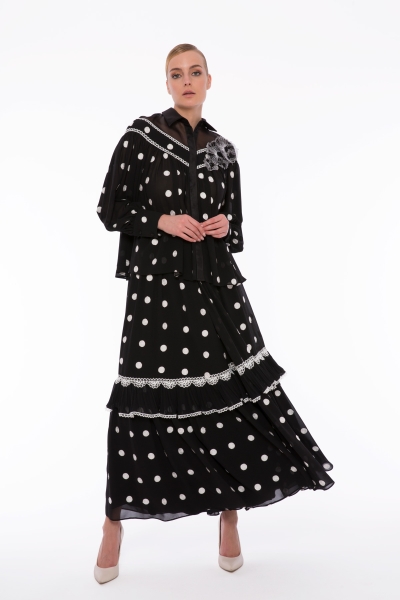 Gizia Long Polka Dot Black Skirt With Ruffle Ruched Stripe. 1