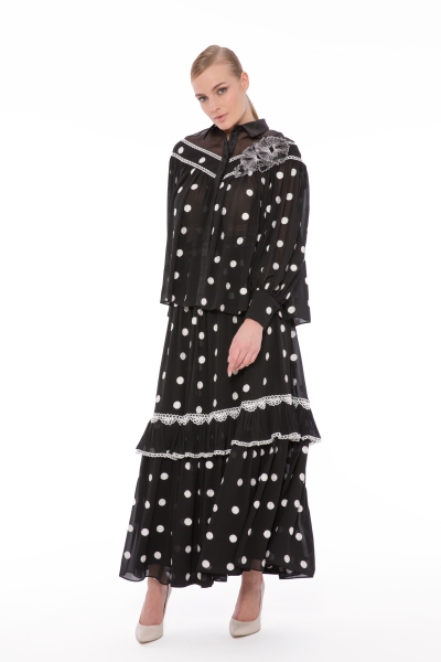 Gizia Long Polka Dot Black Skirt With Ruffle Ruched Stripe. 3