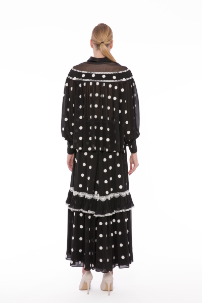 Gizia Long Polka Dot Black Skirt With Ruffle Ruched Stripe. 2