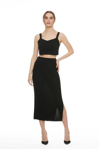 Gizia Metallic Black Knit Knitwear Ankle Length Plain Skirt. 1