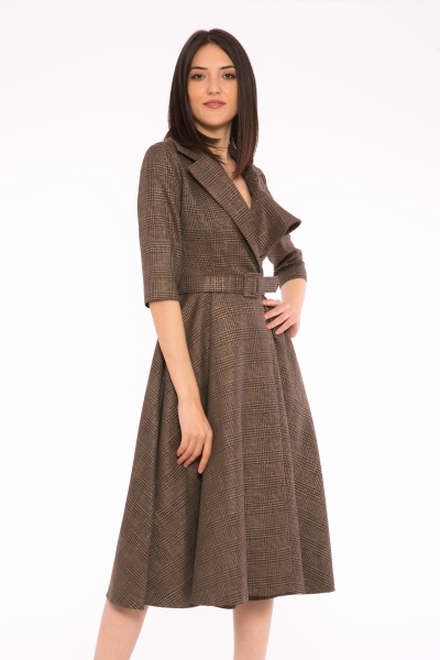 Gizia Metallic Plaid Fabric And Asymmetrical Collar Detailed Midi Length Brown Dress. 1