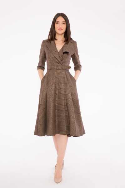 Gizia Metallic Plaid Fabric And Asymmetrical Collar Detailed Midi Length Brown Dress. 2