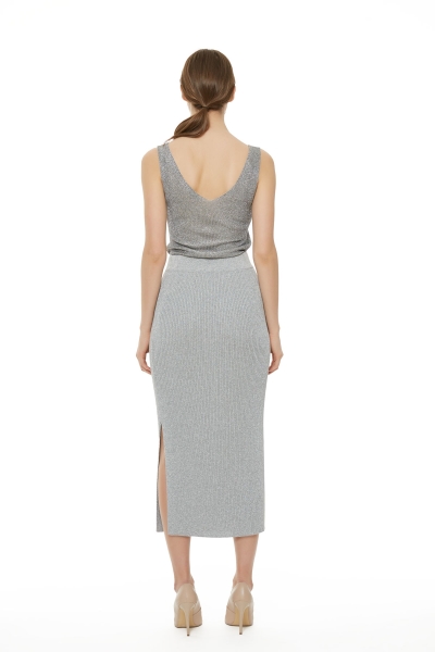 Gizia Metallic Silver Knit Knitwear Ankle Length Plain Skirt. 3