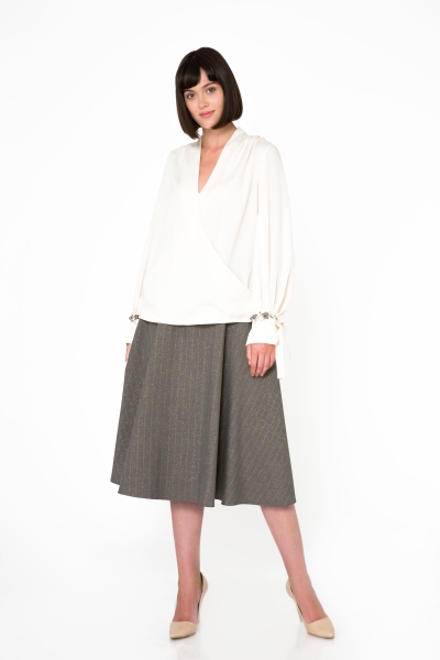 Gizia Metallic Stripe Fabric Midi Length Beige Flared Skirt. 1