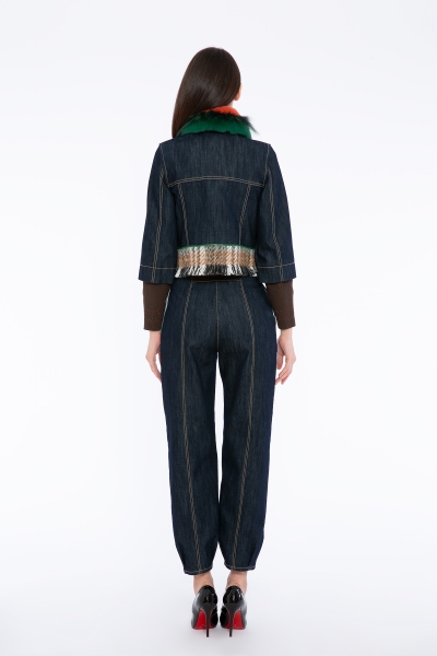 Gizia Mobile Fur Collar Plaid Garnish Knitwear Cuff Detailed Blue Jean Jacket. 2