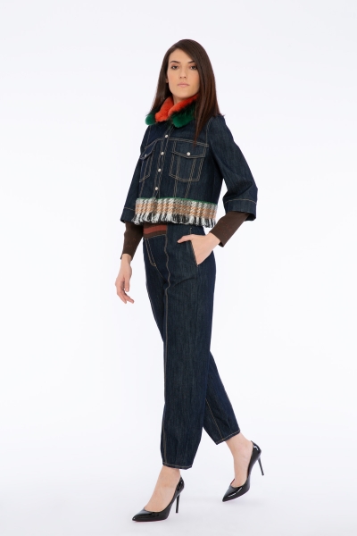 Gizia Mobile Fur Collar Plaid Garnish Knitwear Cuff Detailed Blue Jean Jacket. 3