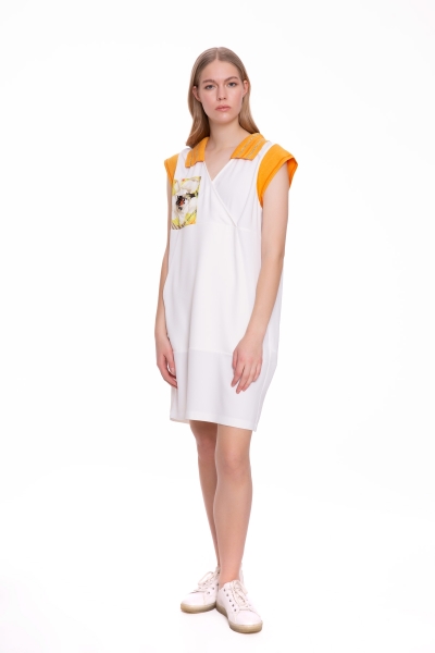 Gizia Neck And Shoulder Detailed Short Sleeve Ecru Mini Dress. 1
