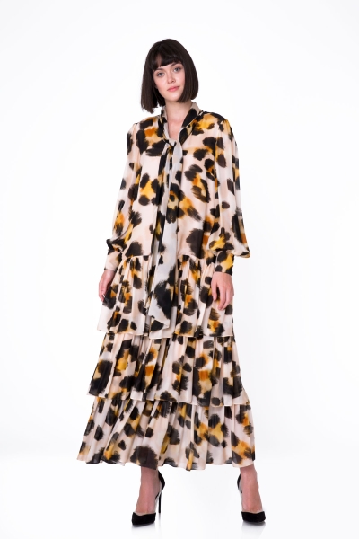 Gizia Neck Tie Detailed Leopard Pattern Long Chiffon Dress. 1