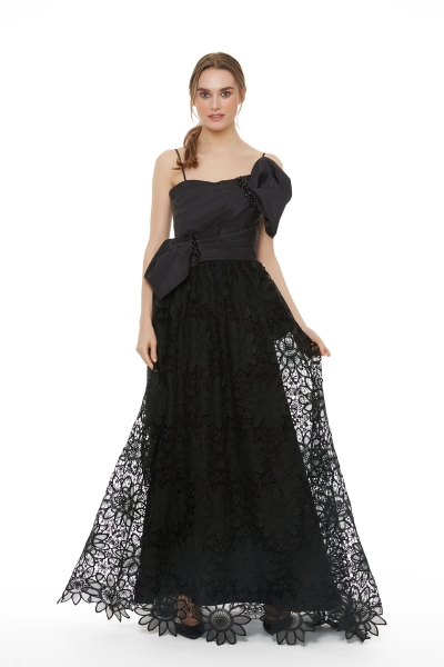 Gizia One Part Lace Long Black Dress With Tie Front Bow Tie. 1
