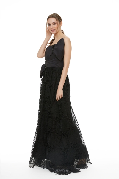 Gizia One Part Lace Long Black Dress With Tie Front Bow Tie. 2