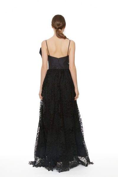 Gizia One Part Lace Long Black Dress With Tie Front Bow Tie. 3