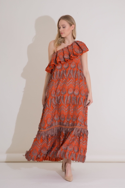 Gizia One Shoulder Ruffle Orange Long Embroidery Dress. 1