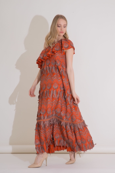 Gizia One Shoulder Ruffle Orange Long Embroidery Dress. 2