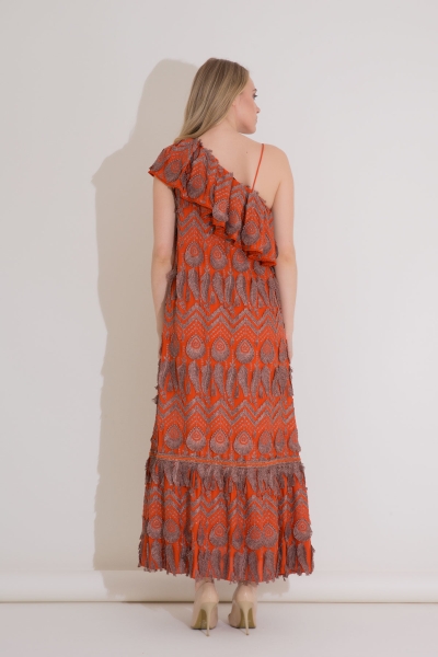 Gizia One Shoulder Ruffle Orange Long Embroidery Dress. 3
