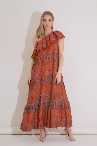 Gizia One Shoulder Ruffle Orange Long Embroidery Dress. 4