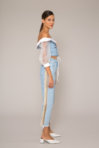 Gizia Organza Sleeves, Pleated, Embroidery Detailed Blue Crop Top. 1
