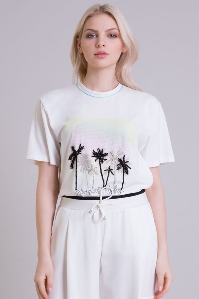 Gizia Palm Print Detailed Ecru T-Shirt. 4