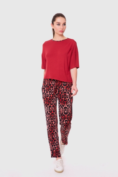 Gizia Patterned Jogger Fuchsia-Red Trousers Blouse Set. 1