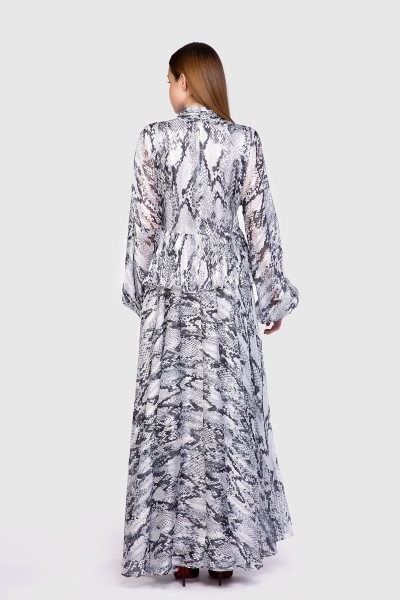 Gizia Pleat Detailed Chiffon Long Gray Dress With Tie Neck. 3