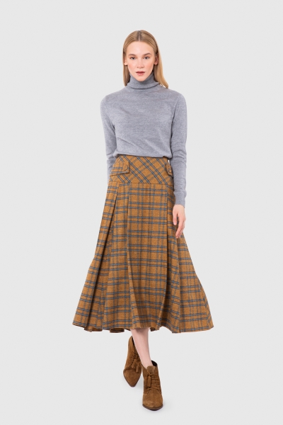 Gizia Pleat Detailed Contour Midi Length Plaid Wool Mustard Skirt. 1