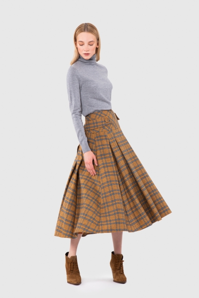 Gizia Pleat Detailed Contour Midi Length Plaid Wool Mustard Skirt. 2
