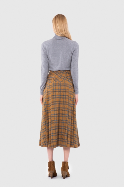Gizia Pleat Detailed Contour Midi Length Plaid Wool Mustard Skirt. 3