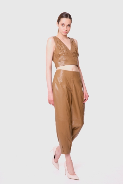 Gizia Pleat Detailed Leather Crop Top. 2