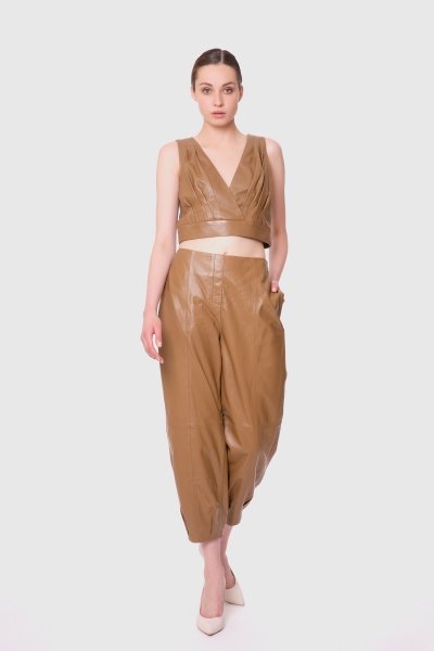 Gizia Pleat Detailed Leather Crop Top. 3