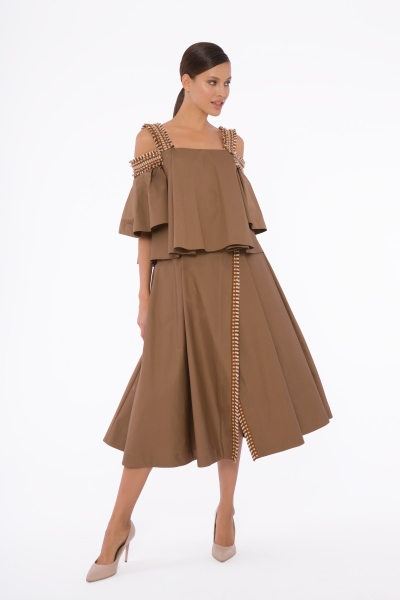 Gizia Pleated Brown Short Top With Ribbon Tassel And Embroidery Detail. 1