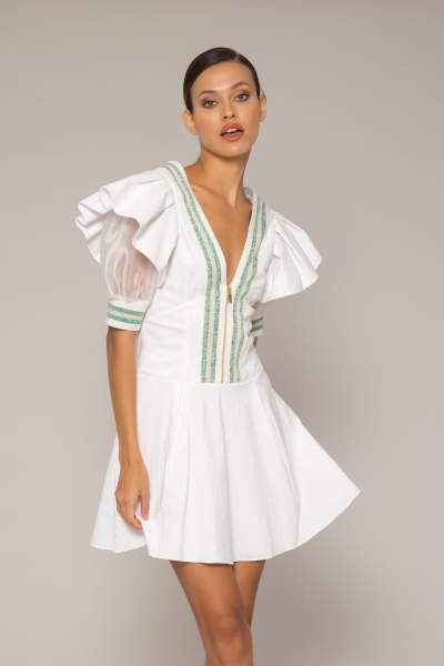 Gizia Pleated Sleeve Detailed Knitwear Striped White Poplin Dress. 2