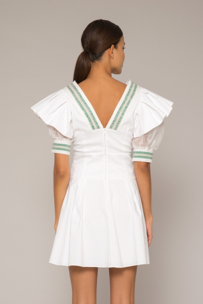 Gizia Pleated Sleeve Detailed Knitwear Striped White Poplin Dress. 4