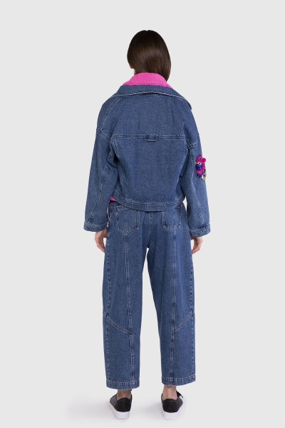 Gizia Artificial Fur Vest Embroidered Appliqu Blue Jean Jacket. 1