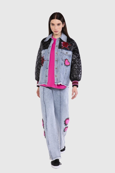 Gizia Quilted Top Embroidery Detailed Jean Blue Coat. 1