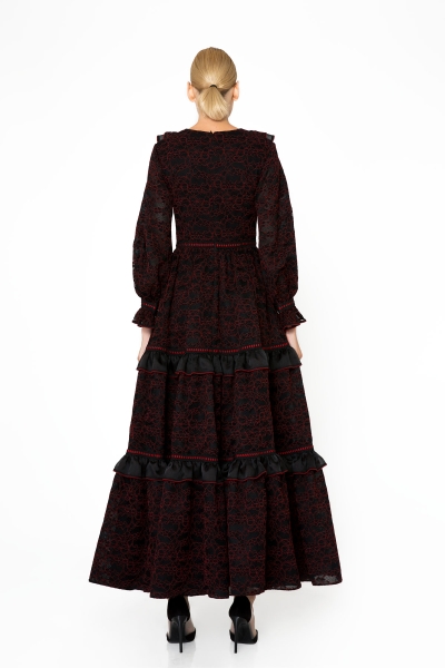 Gizia Ruffle and Lace Detail Long Black Dress. 1