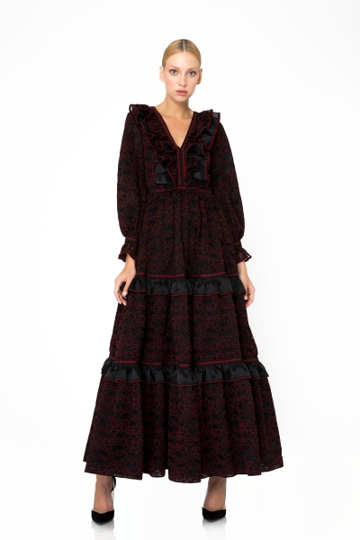 Gizia Ruffle and Lace Detail Long Black Dress. 3