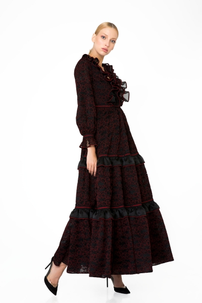 Gizia Ruffle and Lace Detail Long Black Dress. 2