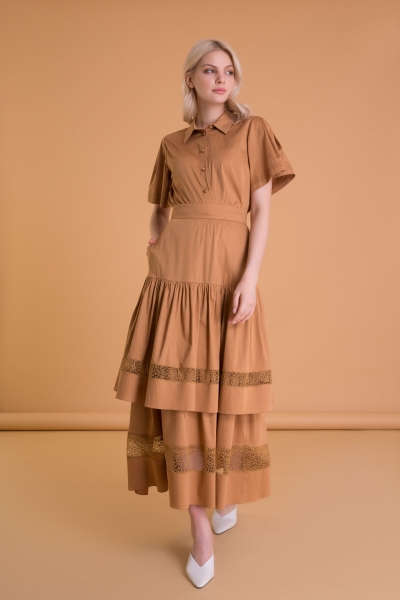 Gizia Ruffle Brown Pocket Long Poplin Skirt. 1