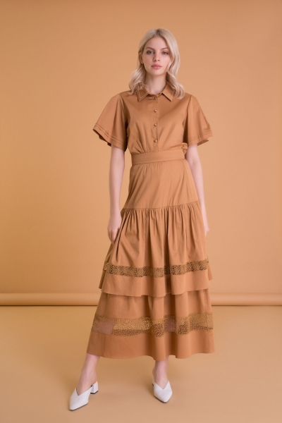 Gizia Ruffle Brown Pocket Long Poplin Skirt. 4