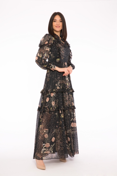 Gizia Ruffle Detailed Lace Collar Long Patterned Chiffon Dress. 2