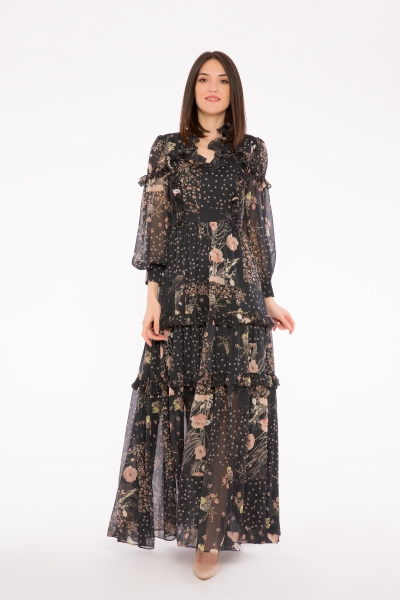 Gizia Ruffle Detailed Lace Collar Long Patterned Chiffon Dress. 1