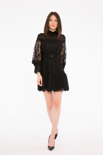 Gizia Ruffle Detailed Standing Neck Mini Length Lace Black Party Dress. 1