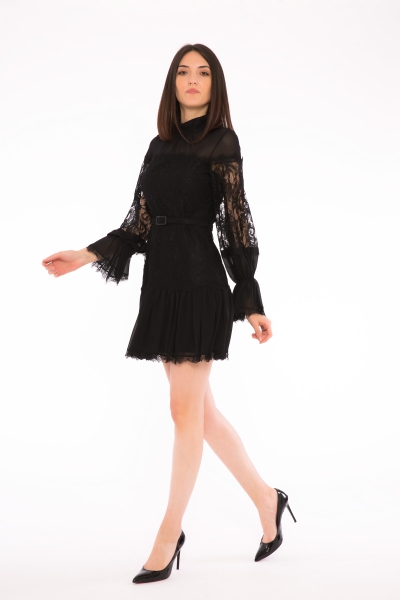 Gizia Ruffle Detailed Standing Neck Mini Length Lace Black Party Dress. 3