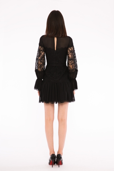 Gizia Ruffle Detailed Standing Neck Mini Length Lace Black Party Dress. 2
