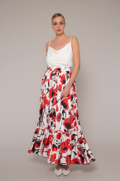 Gizia Ruffle Patterned Pleated Long Red Skirt. 4
