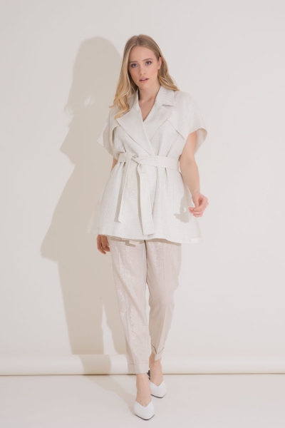 Gizia Self Belted Silvery Linen Short Sleeve Ecru Jacket. 1 Gizia Self Belted Silvery Linen Short Sleeve Ecru Jacket. 1